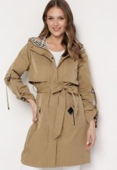 Beżowy Płaszcz Trencz w Stylu Utility z Wiązanym Paskiem i Kapturem Azusea. Brązowe płaszcze damskie Born2be, xl, bez wzorów, z materiału. Za 179.99 zł.