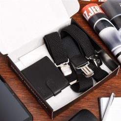 Zestaw męski skórzany portfel szelki X czarne Beltimore U52. Czarne portfele męskie bez wzorów. Za 79.90 zł.