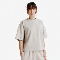 Koszulka oversize damska Elementals typu crop. Brązowe t-shirty damskie Decathlon, xl, bez wzorów, z bawełny, bez kołnierzyka. Za 49.99 zł.