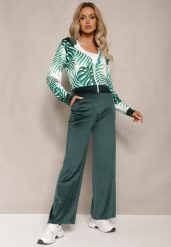 Ciemnozielony Komplet Dresowy Welurowy Bluza z Kapturem i Florystycznym Printem oraz Szerokie Luźne Spodnie Raiantise. Zielone bluzy damskie Renee, m, bez wzorów, z dresówki, z kapturem. Za 69.99 zł.