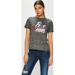 Pepe Jeans - Top. Szare topy damskie Pepe Jeans, z nadrukiem, z bawełny, z okrągłym kołnierzem, z krótkim rękawem. W wyprzedaży za 99.90 zł.