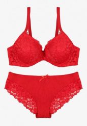 Czerwony Koronkowy Komplet Biustonosz i Majtki Figi w Klasycznym Stylu Ezirene. Czerwone biustonosze Renee, z aplikacjami, z jeansu. Za 39.99 zł.