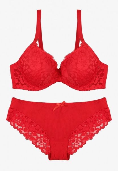 Czerwony Koronkowy Komplet Biustonosz i Majtki Figi w Klasycznym Stylu Ezirene. Czerwone biustonosze Renee, z aplikacjami, z jeansu. Za 39.99 zł.