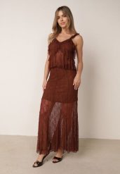 Brązowy Elegancki Komplet z Prześwitującej Koronki Spódnica i Top z Falbanami Tritelos. Brązowe spódnice damskie Born2be, m, bez wzorów, z koronki, eleganckie, kopertowe. Za 199.99 zł.
