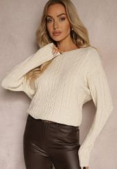 Jasnobeżowy Sweter z Bawełną Wiskozą i Ozdobnym Splotem Viacelia. Brązowe swetry damskie Renee, l, bez wzorów, z bawełny, biznesowe, bez kołnierzyka, bez ramiączek, długie, bez kaptura. Za 84.99 zł.