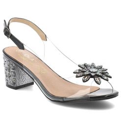 Sandały damskie S. Barski, z ozdobnym kwiatem transparentne eleganckie i ze sprzączką, czarne, MR51-002. Czarne sandały damskie S.BARSKI, bez wzorów, ze skóry, bez obcasa, na obcasie, bez zapięcia. Za 169.99 zł.