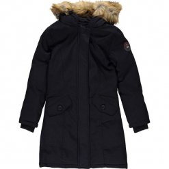 Płaszcz zimowy w kolorze granatowym. Niebieskie kurtki i płaszcze dla dziewczynek Geographical Norway Kids & Women, na zimę, z aplikacjami, prążkowane. W wyprzedaży za 295.95 zł.