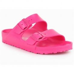 Klapki damskie Birkenstock Arizona Eva. Czerwone sandały damskie Birkenstock, bez wzorów, z materiału, bez obcasa, bez zapięcia. Za 366.00 zł.