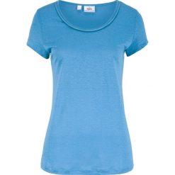 Shirt lniany z ozdobnym wykończeniem dekoltu bonprix niebieski. Niebieskie bluzki damskie bonprix, bez wzorów, ze lnu, bez kołnierzyka, bez ramiączek. Za 44.99 zł.
