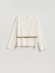 Sweter z paskiem - złamana biel. Swetry damskie Reserved, l, bez wzorów, z dzianiny, bez kołnierzyka, bez ramiączek, bez kaptura. Za 139.99 zł.