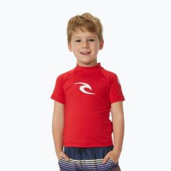 Koszulka do pływania dziecięca Rip Curl Brand Wave UPF. Czerwone bluzki dla dziewczynek RIPCURL, bez wzorów, bez kołnierzyka, bez ramiączek. Za 56.99 zł.