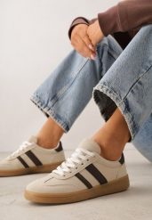 Beżowo-Brązowe Sneakersy Typu Tenisówki Ozdobione Paskami po Bokach Fefia. Brązowe trampki i tenisówki dziewczęce Renee, na wiosnę, bez wzorów, z jeansu, bez zapięcia. Za 99.99 zł.