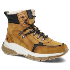 Botki damskie Mustang, skóra ekologiczna sznurowanie z metalowymi przelotkami miękkie ocieplenie wewnątrz i masywna miekkia podeszwa, żółte, 49C0052. Żółte kozaki damskie Mustang, z futra, bez obcasa, na platformie. Za 329.00 zł.
