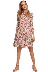 Letnia Sukienka w Drobne Kwiatki - Model 5. Brązowe sukienki damskie MOE, na lato, l, bez wzorów, z materiału, wizytowe, bez kołnierzyka, bez ramiączek. Za 239.90 zł.