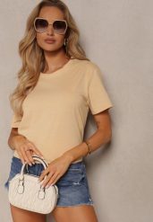 Beżowa Koszulka z Bawełny o Fasonie T-shirt Lormarka. Brązowe bluzki damskie Renee, xl, bez wzorów, z bawełny, klasyczne, bez kołnierzyka. Za 14.99 zł.