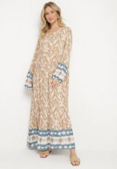 Beżowa Sukienka Rozkloszowana z Ozdobnym Wiązaniem w Boho Wzór Erainea. Brązowe sukienki damskie Born2be, na co dzień, l, z aplikacjami, z jeansu, boho, bez kołnierzyka, bez ramiączek, maxi, proste. Za 79.99 zł.
