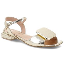 Sandały damskie Armodo, skórzane lakierowane na płaskim obcasie z ozdobą i ze sprzączką, złote, 886-R. Żółte sandały damskie Armodo, z aplikacjami, z lakierowanej skóry, bez obcasa, na obcasie, bez zapięcia. Za 269.00 zł.