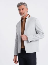 Męska melanżowa marynarka z dodatkiem rayonu ze stójką – szary melanż V4 OM-BLZB-0131 - XXL. Szare marynarki męskie Ombre Clothing, bez wzorów, z materiału, casualowe. Za 257.99 zł.