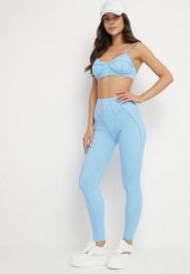 Jasnoniebieski Komplet Sportowy z Ozdobnymi Przeszyciami Legginsy i Top na Ramiączkach Filinella. Niebieskie legginsy damskie Born2be, m, bez wzorów, na fitness i siłownię. Za 84.99 zł.