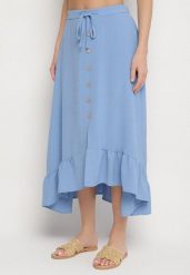 Niebieska Asymetryczna Spódnica z Falbanami i Ozdobnymi Guzikami Marolana. Niebieskie spódnice damskie Born2be, l, bez wzorów, eleganckie, midi, asymetryczne. Za 59.99 zł.