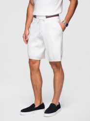 Wiskozowe strukturalne szorty męskie REGULAR - białe V1 - Rozmiar: L. Białe szorty męskie Ombre Clothing, l, bez wzorów, z dzianiny, biznesowe. W wyprzedaży za 174.99 zł.