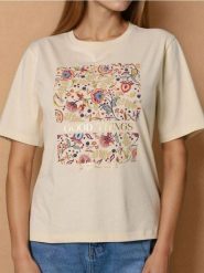 Bawełniana koszulka z nadrukiem - beżowy. Brązowe t-shirty damskie Sinsay, l, bez wzorów, z bawełny, bez kołnierzyka. Za 25.99 zł.