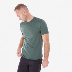 Koszulka turystyczna męska Quechua MH100. Zielone koszulki sportowe męskie QUECHUA, l, bez wzorów, z elastanu, bez kołnierzyka, bez ramiączek, trekkingowe. Za 34.99 zł.