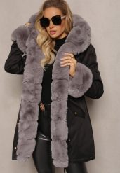 Czarno-Szara Kurtka Parka z Paskiem w Talii i Kapturem z Futerkiem Hizontia. Czarne kurtki damskie Renee, l, bez wzorów, z futra. Za 289.99 zł.