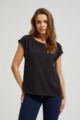 T-shirt z okrągłym dekoltem czarny. Czarne t-shirty damskie MOODO, s, bez wzorów, z bawełny, bez kołnierzyka. W wyprzedaży za 19.99 zł.