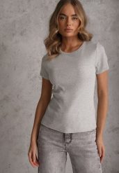 Szary Bawełniany T-shirt o Dopasowanym Kroju z Prążkowanego Materiału Lailya. Szare bluzki damskie Renee, m, bez wzorów, z bawełny, eleganckie, bez kołnierzyka, bez ramiączek. Za 39.99 zł.