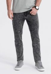Ombre Spodnie męskie jeansowe slim fit z przeszyciem na kolanach - szary V3 OM-PADP-0109 XL. Szare spodnie materiałowe męskie Ombre, m, bez wzorów, z jeansu. Za 99.99 zł.