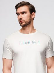 T-shirt męski z haftem na klatce piersiowej – biały V2 - Rozmiar: M. Białe t-shirty męskie Ombre Clothing, m, bez wzorów, z bawełny, klasyczne, bez kołnierzyka. Za 129.99 zł.