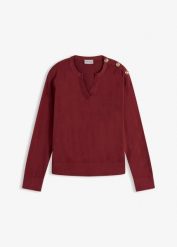 Bawełniany sweter z ozdobnymi guzikami. Czerwone swetry damskie bonprix, bez wzorów, z bawełny, eleganckie, bez kołnierzyka, bez ramiączek, bez kaptura. Za 64.99 zł.