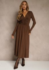 Brązowa Taliowana Sukienka Longsleeve z Wiskozą z Marszczeniem i Dekoltem V Elirie. Brązowe sukienki damskie Renee, na imprezę, m, bez wzorów, z wiskozy, bez kołnierzyka, bez ramiączek, maxi, oversize. Za 159.99 zł.
