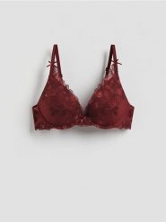 Biustonosz push up z haftem - mahoniowy. Brązowe biustonosze Reserved, bez wzorów, z dzianiny. Za 89.99 zł.