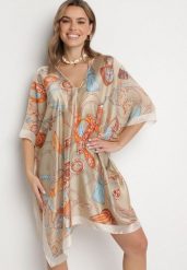 Beżowe Ponczo z Jedwabiem i Ozdobnym Wzorem Nillifia. Brązowe swetry damskie Born2be, uniwersalny, bez wzorów, z jeansu, eleganckie, bez kołnierzyka, bez ramiączek, bez kaptura. Za 39.99 zł.
