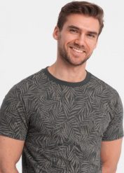 Ombre T-shirt męski fullprint w liście palmy - grafitowy V4 OM-TSFP-0182 L. Szare t-shirty męskie Ombre, l, bez wzorów, bez kołnierzyka. Za 49.99 zł.