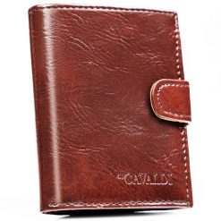 Pionowy, brązowy portfel męski ze skóry ekologicznej zapinany na zatrzask - 4U Cavaldi. Brązowe portfele męskie 4U Cavaldi, bez wzorów, ze skóry ekologicznej. Za 24.99 zł.