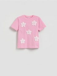 T-shirt z haftem - różowy. Czerwone t-shirty damskie Reserved, l, bez wzorów, z bawełny, bez kołnierzyka. Za 79.99 zł.