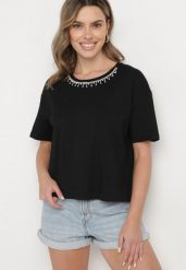 Czarny Bawełniany T-shirt Ozdobiony Cyrkoniami Fadelis. Czarne bluzki damskie Born2be, l, z aplikacjami, z bawełny, eleganckie, bez kołnierzyka, bez ramiączek. Za 59.99 zł.