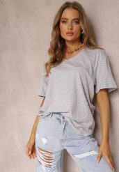 Jasnoszary T-shirt Nikoneus. Szare bluzki damskie Renee, plus size, bez wzorów, z dzianiny, klasyczne, bez kołnierzyka. Za 24.99 zł.