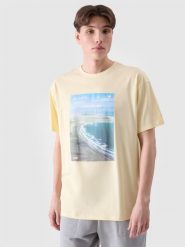4F T-shirt oversize z nadrukiem męski - żółty XXL. Żółte koszulki sportowe męskie 4f, m, bez wzorów, z bawełny, bez kołnierzyka, bez ramiączek. W wyprzedaży za 29.99 zł.