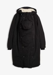 Płaszcz ciążowy na podszewce 3w1 ze wstawką na nosidełko. Czarne kurtki damskie bonprix, bez wzorów, moda ciążowa, bez kaptura. Za 429.99 zł.