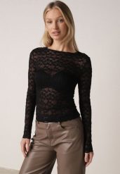 Czarna Bluzka Koronkowa z Transparentnego Materiału Hermatea. Czarne bluzki damskie Born2be, m, bez wzorów, z jeansu, eleganckie, bez kołnierzyka, bez ramiączek. Za 79.99 zł.