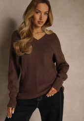 Brązowy Sweter z Dodatkiem Kaszmiru i Trójkątnym Dekoltem Silefera. Brązowe swetry damskie Renee, bez wzorów, z jeansu, casualowe, bez kołnierzyka, bez ramiączek, bez kaptura. Za 99.99 zł.