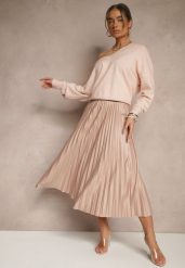 Jasnobeżowa Plisowana Spódnica Rozkloszowana z Gumką w Talii Noriri. Brązowe spódnice damskie Renee, bez wzorów, eleganckie, midi, dopasowane. Za 59.99 zł.