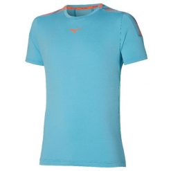 Koszulka do biegania męska Mizuno Shadow Tee. Niebieskie koszulki sportowe męskie Mizuno, m, bez wzorów, z elastanu, bez kołnierzyka, bez ramiączek, do biegania. Za 252.20 zł.