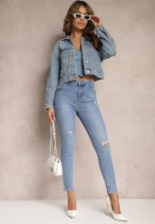 Niebieskie Jeansy z Dziurami i Przetarciami o Fasonie Skinny Klifana. Niebieskie jeansy damskie Renee. Za 89.99 zł.