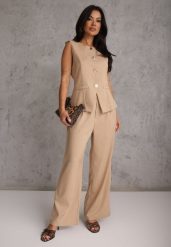 Beżowy Komplet z Bawełną w Garniturowym Stylu Kamizelka i Spodnie Meloreida. Brązowe spodnie materiałowe damskie Renee, l, bez wzorów, z bawełny. Za 149.99 zł.