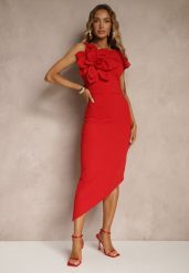 Czerwona Koktajlowa Asymetryczna Sukienka Vices z Kwiatem 3D i Falbankami Tolelira. Czerwone sukienki damskie Renee, na imprezę, na lato, l, bez wzorów, eleganckie, z asymetrycznym kołnierzem, bez ramiączek, asymetryczne. Za 99.99 zł.